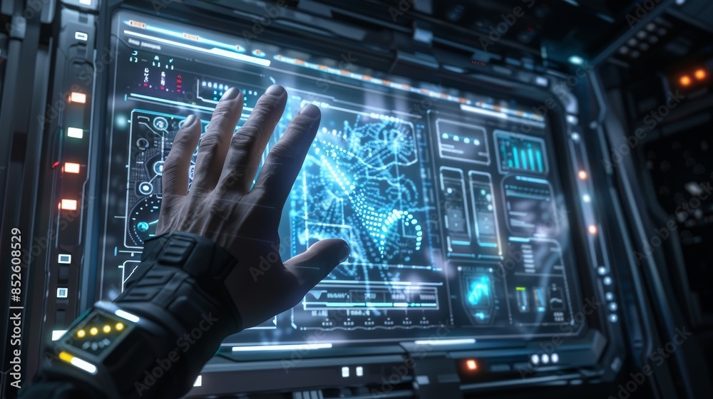 Fototapeta premium A futuristic hand gesture controlling a holographic AI-driven control panel, depicting advanced technology