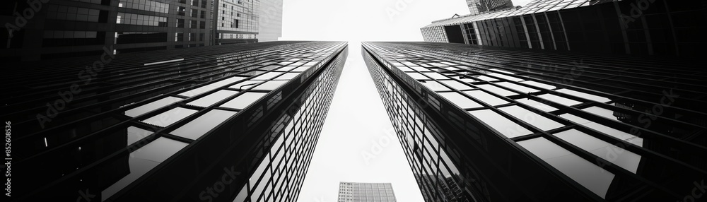 Fototapeta premium Black and white photo of tall skyscrapers viewed from below, showcasing urban architecture and modern cityscape in dramatic perspective.