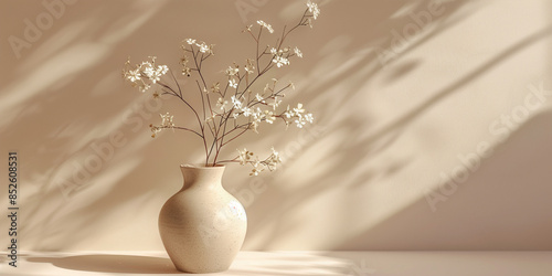 aesthetic flower vase at beige background, floral, shadow, copy space 