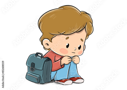 Sad child at school excluded and thoughtful sitting on the floor