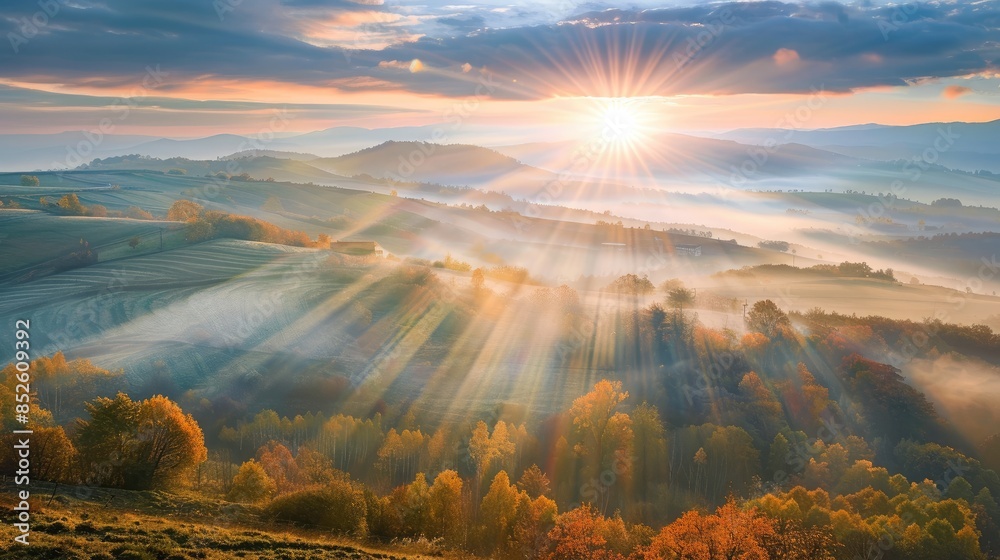 Sunrise with fog rays on a beautiful autumn morning Sunrise with fog rays on a beautiful autumn morning