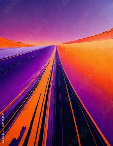 A striking piece of abstract digital art showcasing a mesmerizing gradient of purple and orange hues, creating a futuristic and dynamic visual experience. Ideal for modern decor.. AI Generation