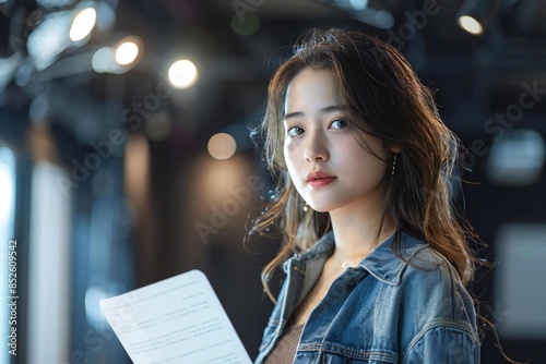 Full body photo of Asian female actress rehearsing with script on stage. photo