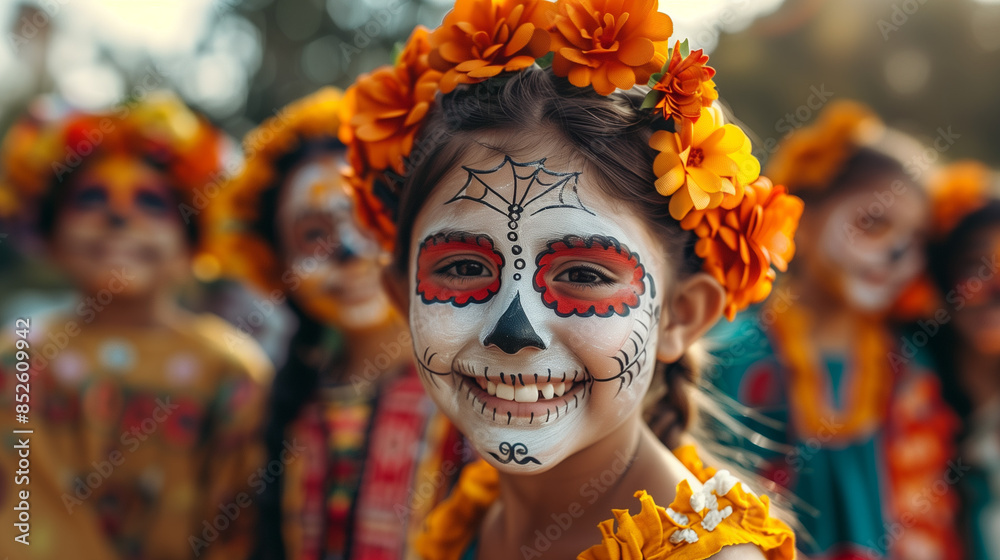 children dressed in Dia de los Muertos costumes, smiling and playing, Day of dead, kids children dressed in Dia de los Muertos costumes, smiling and playing, Day of dead, kids