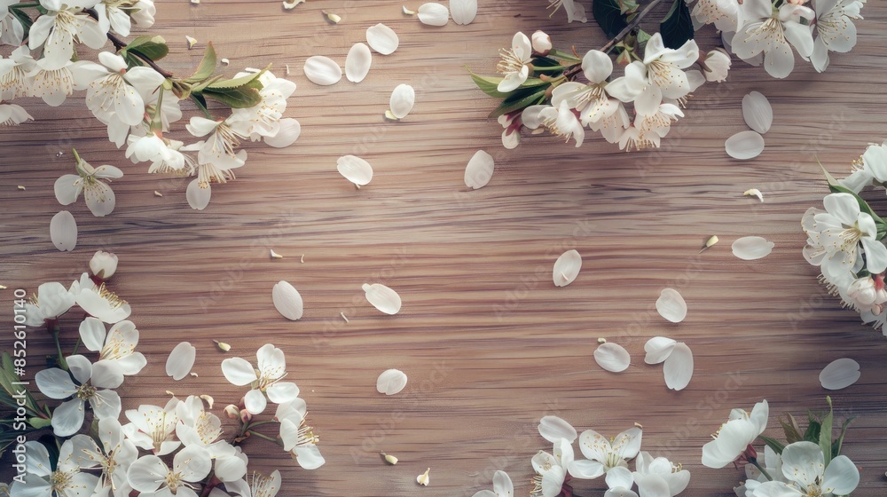 White cherry blossoms on wooden surface with text space aerial view in spring White cherry blossoms on wooden surface with text space aerial view in spring