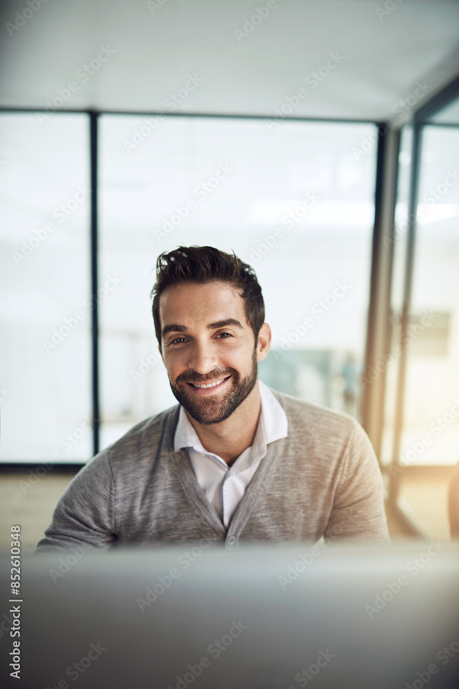 Man, computer and portrait for agenda in office, market research and check emails for communication. Male person, employee and website for social media planning, workplace and proposal on project Man, computer and portrait for agenda in office, market research and check emails for communication. Male person, employee and website for social media planning, workplace and proposal on project