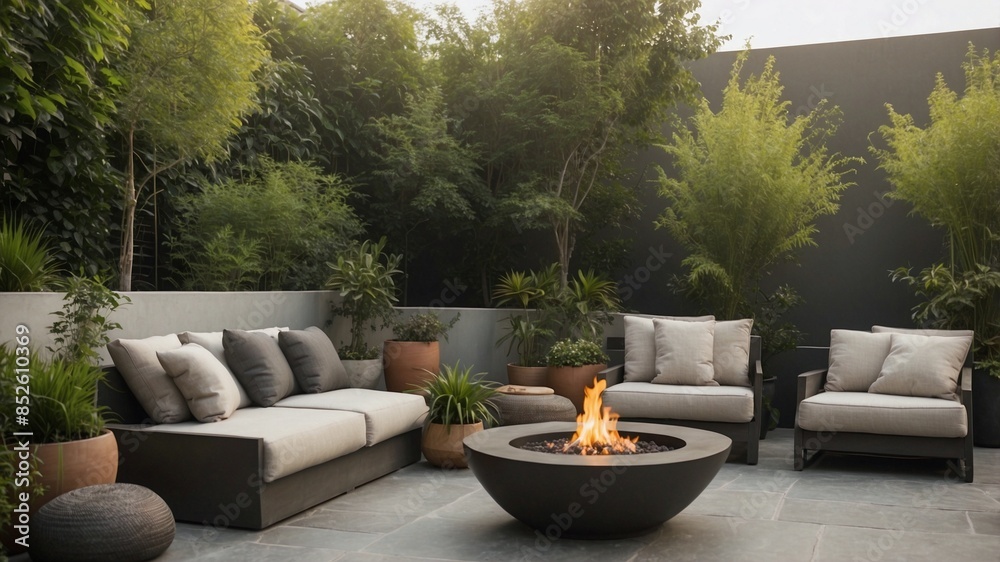 Fototapeta premium A luxuriously contemporary patio featuring plush outdoor sofas, a modern fire pit, and lush green plants, perfect for relaxing and entertaining.