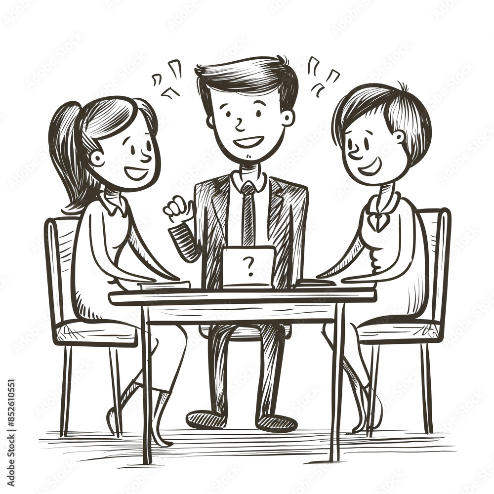 Cartoon drawing of three people in a meeting, discussing ideas with positive expressions at a business conference table. Cartoon drawing of three people in a meeting, discussing ideas with positive expressions at a business conference table.