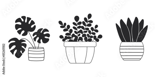 Hand drawn houseplant outline set isolated on white background