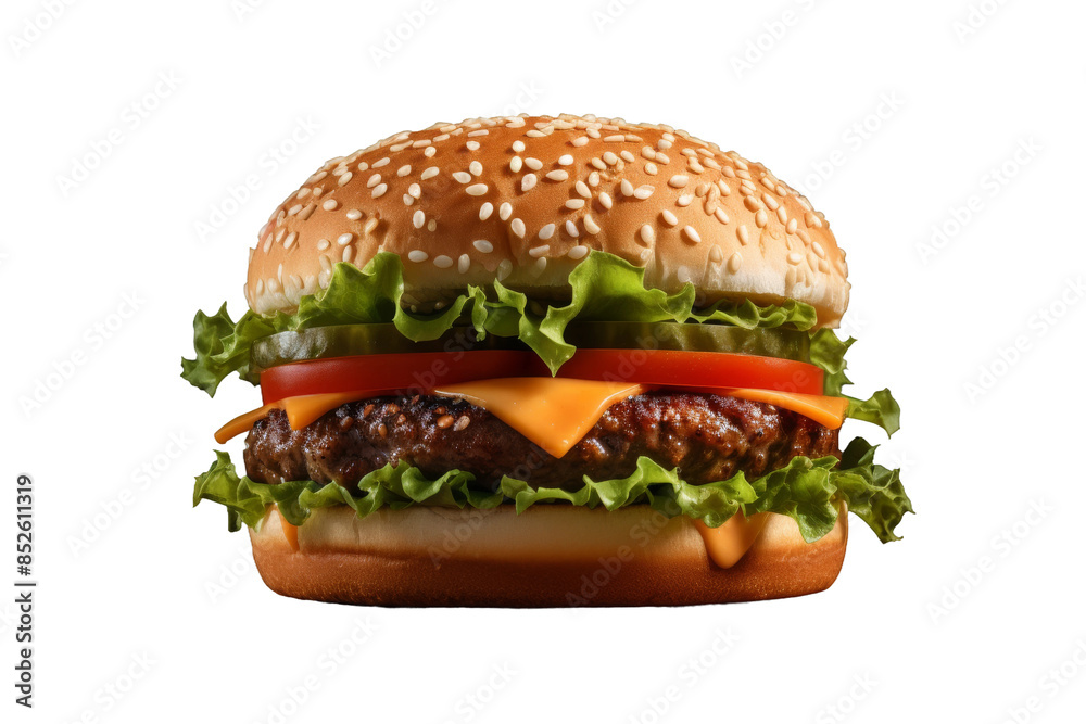 A Sesame Seed-Topped Cheeseburger With Lettuce, Tomato, and Pickle on a Clear PNG or White Background.