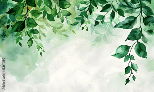 abstract green leaves and cerry blossom watercolor photo