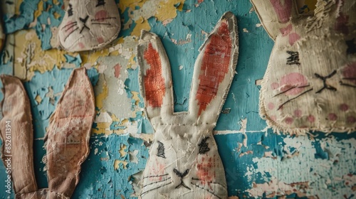 Cloth patches shaped like rabbits on wall photo