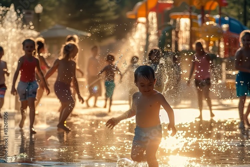 children's summer: kids playing and splashing in a fountain or water playground on a sunny day