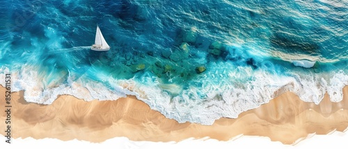 Aerial view of a serene beach with turquoise water, white waves crashing on the sandy shore, and a lone sailboat in the clear blue sea.