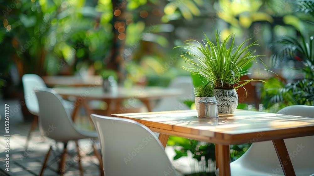 Serene Cafe Patio with Lush Greenery and Sunlit Ambiance Serene Cafe Patio with Lush Greenery and Sunlit Ambiance