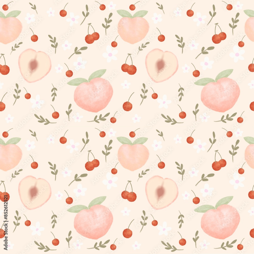 Cute peaches with red cherry, tiny white flower and leaf on beige background seamless pattern. Perfect design for fabric, wallpaper, embroidery, elements, texture, textile, sewing, illustration Cute peaches with red cherry, tiny white flower and leaf on beige background seamless pattern. Perfect design for fabric, wallpaper, embroidery, elements, texture, textile, sewing, illustration