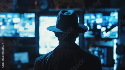 dark silhouette of a man in a raincoat with a hat at night on the street in a crime Noir style