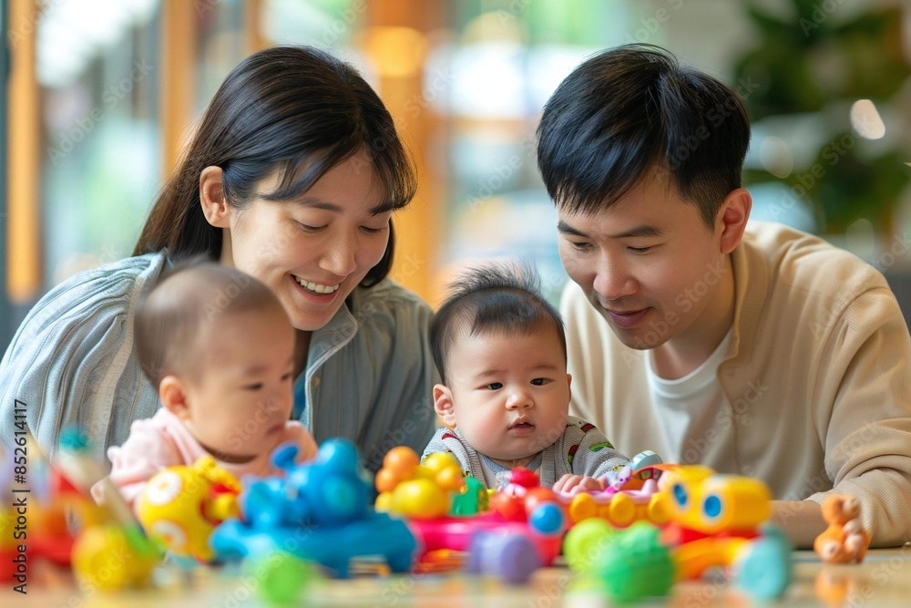 Full body photo of Asian parents comforting their babies using toys at a workshop. Full body photo of Asian parents comforting their babies using toys at a workshop.