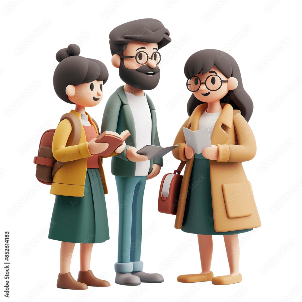 Group of three students standing together and discussing, holding books and backpacks. 3D illustration of young people enjoying a conversation. Group of three students standing together and discussing, holding books and backpacks. 3D illustration of young people enjoying a conversation.