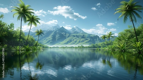 A scenic view of a tropical paradise with palm trees, a mountain range reflecting in a tranquil lake, and a blue sky with white clouds © Multiverse