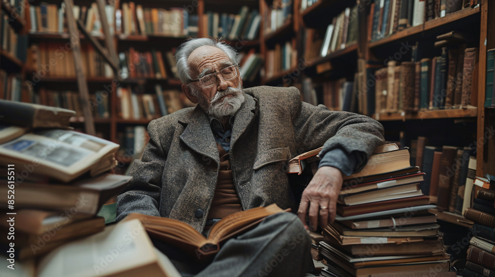 Peaceful Senior Man Relaxing on Books in Library Surrounded by Literature - Concept of Learning and Knowledge Peaceful Senior Man Relaxing on Books in Library Surrounded by Literature - Concept of Learning and Knowledge