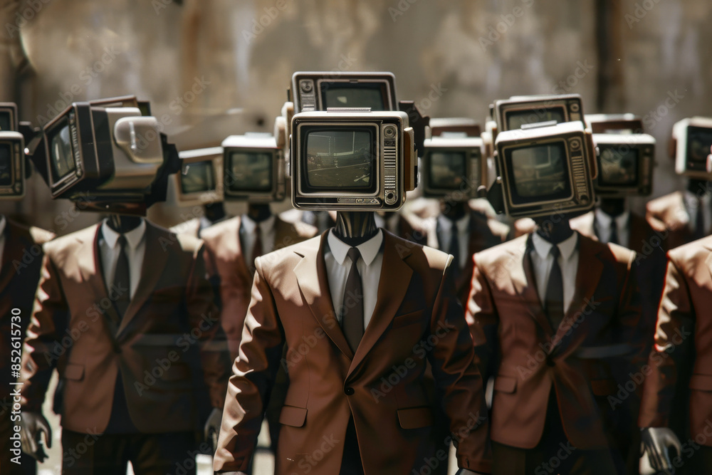 A peculiar sight of individuals dressed in suits with vintage TVs as heads, standing in an urban setting, symbolizing media influence. A peculiar sight of individuals dressed in suits with vintage TVs as heads, standing in an urban setting, symbolizing media influence.
