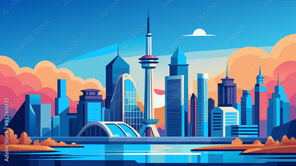 Dynamic city life is depicted in this vector illustration, which showcases a panoramic urban landscape. Dynamic city life is depicted in this vector illustration, which showcases a panoramic urban landscape.