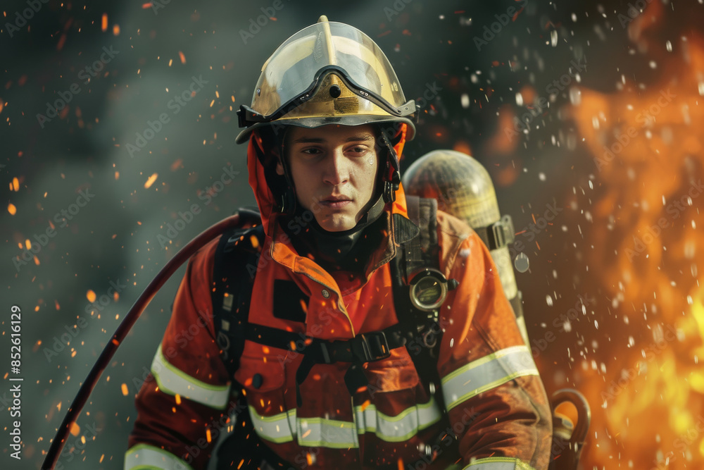A firefighter, clad in full gear and surrounded by sparks, stands bravely with focused determination as a fire rages behind him. A firefighter, clad in full gear and surrounded by sparks, stands bravely with focused determination as a fire rages behind him.