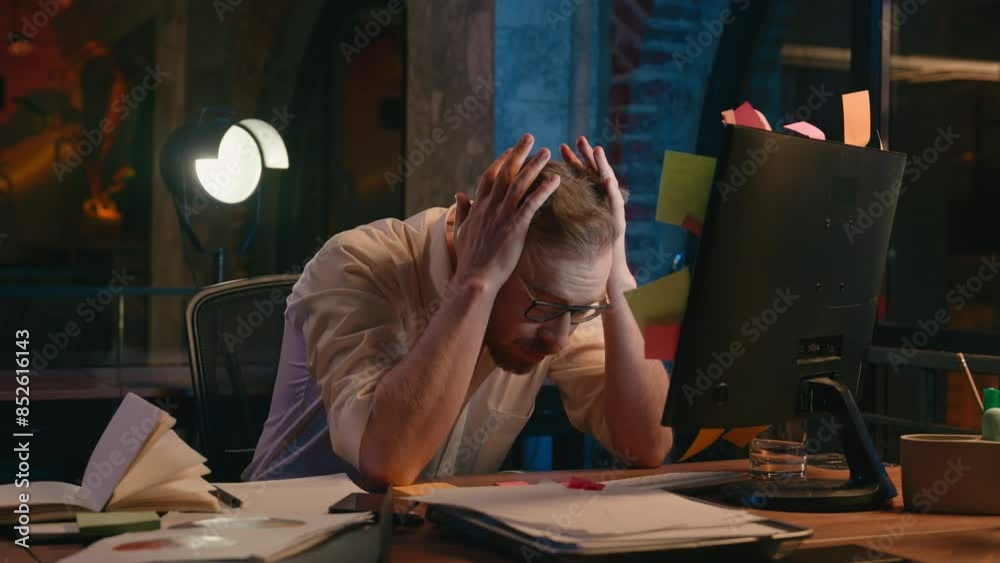 Stressed frustrated business man at night office overworked trouble problem businessman male guy looking at monitor screen sticky notes with writing many tasks on computer tired exhausted headache