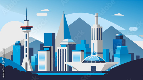 A modern city skyline in this panoramic urban landscape vector illustration.