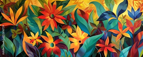 abstract garden painting featuring vibrant orange and yellow flowers and green leaves photo