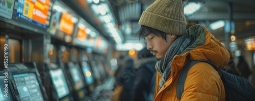 User paying with mobile application for seamless transaction at a bustling train station