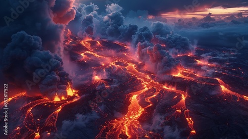 Aerial view of an active volcanic eruption with glowing lava rivers at sunset