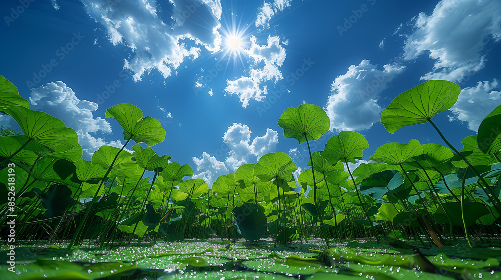 Upward angle view of a lotus pond featuring vibrant lotus leaves and a clear water surface with duckweed, set against a blue sky. The high saturation and natural light highlight the fresh green tones Upward angle view of a lotus pond featuring vibrant lotus leaves and a clear water surface with duckweed, set against a blue sky. The high saturation and natural light highlight the fresh green tones
