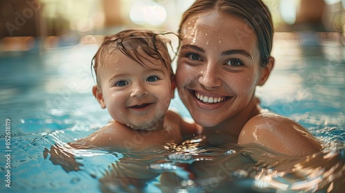 A loving mother tenderly looks at her joyful baby while they enjoy time in the swimming pool photo