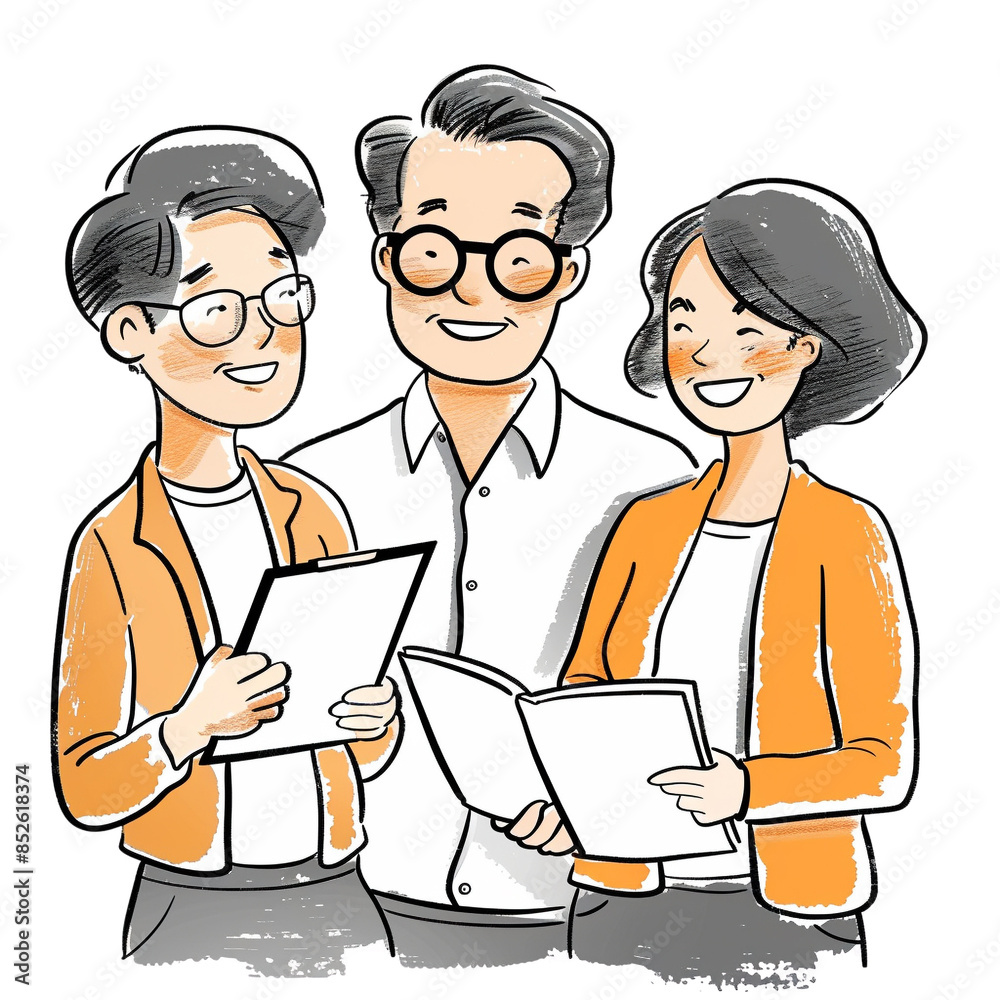 Illustration of three people holding documents and smiling, dressed in professional attire. Perfect for business and teamwork concepts. Illustration of three people holding documents and smiling, dressed in professional attire. Perfect for business and teamwork concepts.