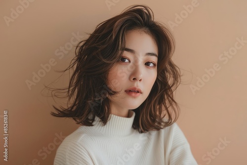 Beautiful young Asian woman with clean, fresh skin touching her face and smiling on a white background,  isolated in a beauty treatment concept, spa luxury aesthetic.