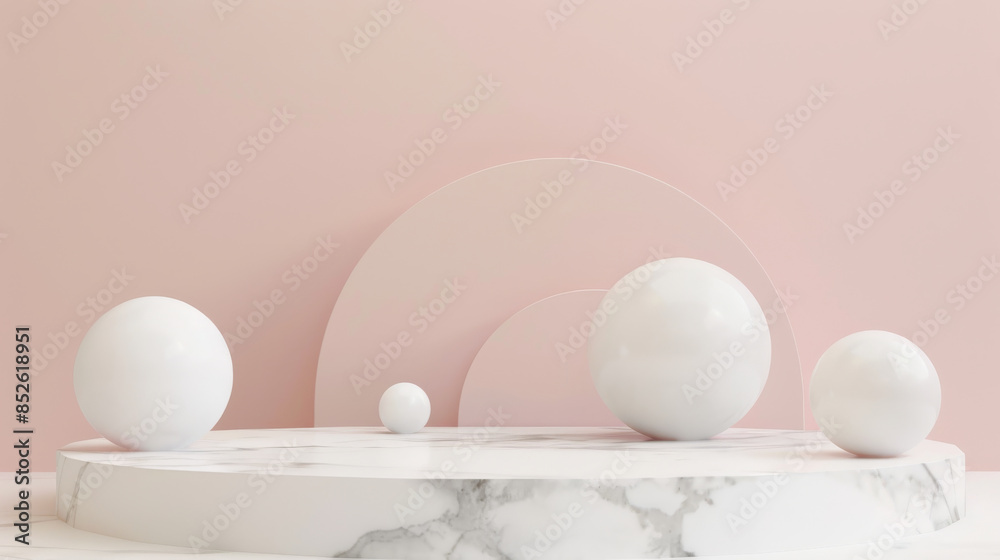 Fototapeta premium Elegant and minimalistic display featuring white spheres on a marble platform, set against a soft pink background with simple architectural elements.