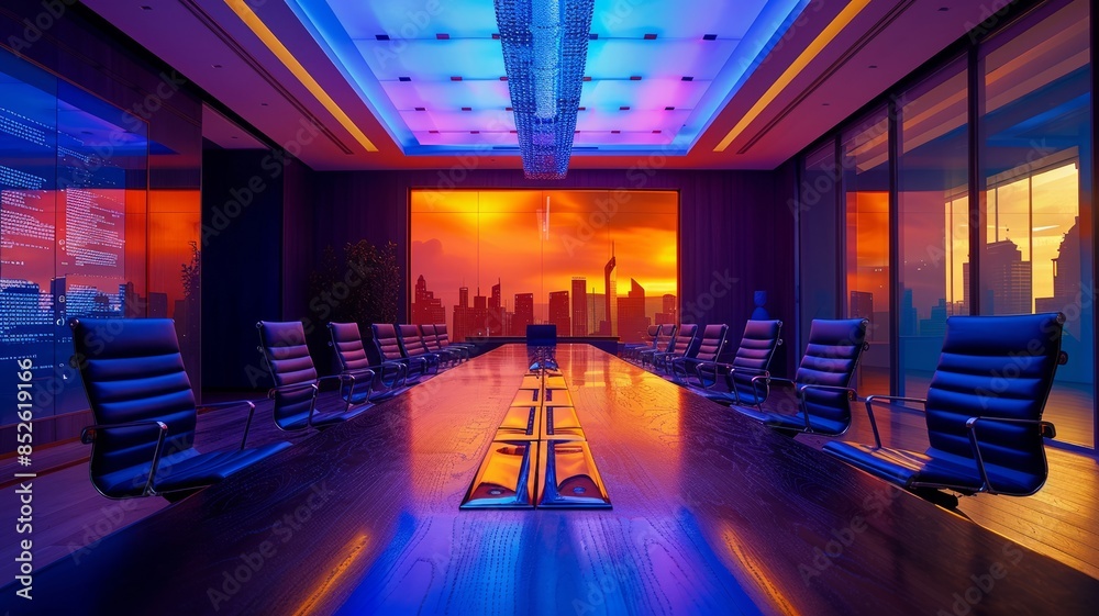 Modern Conference Room at Sunset with City Skyline View