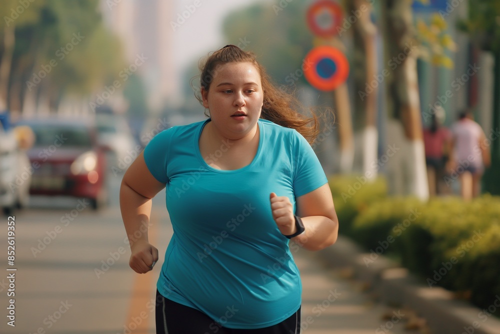 Overweight young woman jogging in the street, Overweight Young Woman Jogging in the Street, A Journey to Fitness and Health, Embracing Fitness, Overweight Young Woman Jogging in the Street for Weight 
