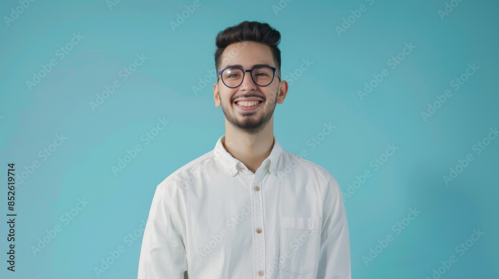 Smiling young man with glasses in a casual shirt posing against a clear blue backdrop, radiating positivity and poise. Smiling young man with glasses in a casual shirt posing against a clear blue backdrop, radiating positivity and poise.