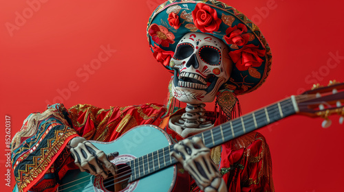 day of dead skeleton playing traditional guitar on solid color, Dia de los Muertos wallpaper with copy space