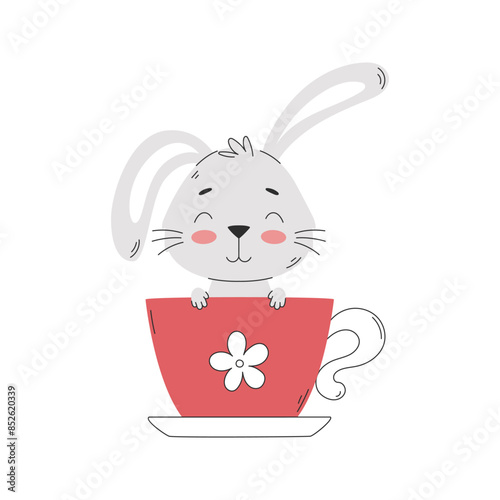 A cartoon funny rabbit sitting in a teacup