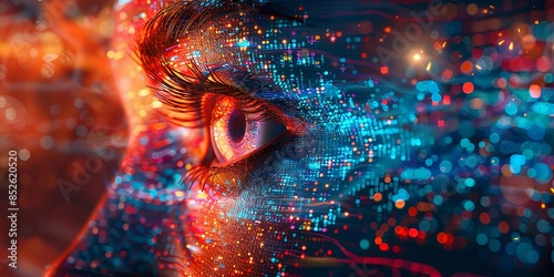 Futuristic Digital Eye with Neon Lights and Data Particles photo