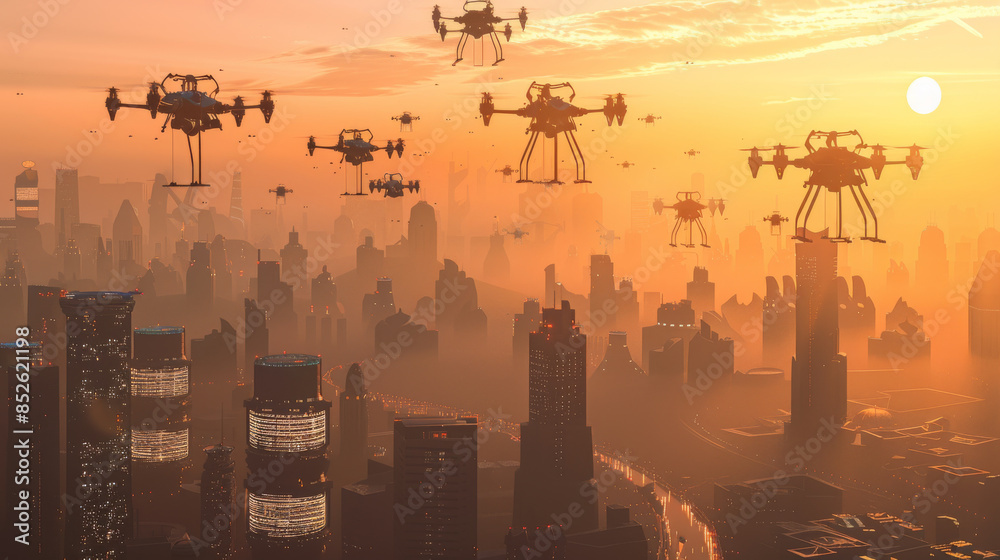 Fototapeta premium Flying drones navigating through a sunlit city skyline at dawn, blending advanced technology with urban aesthetics in a mesmerizing morning glow.