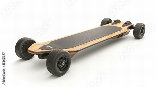 electric longboard on white background, outdoor fun motorized transportation photo