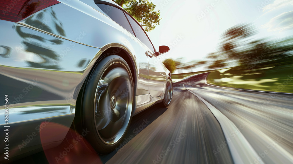 Close-up of a car speeding along a curved road, emphasizing motion, speed, and the excitement of driving. Close-up of a car speeding along a curved road, emphasizing motion, speed, and the excitement of driving.