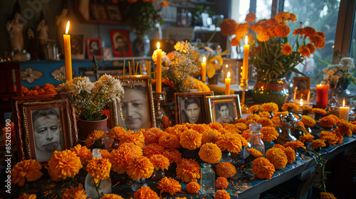 Traditional ofrenda adorned with marigolds, candles, sugar skulls, and family photos 