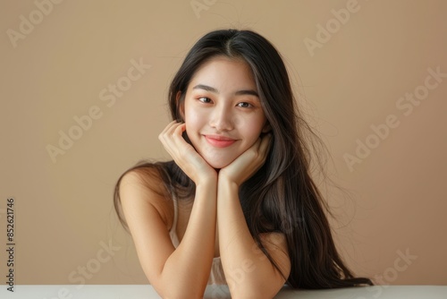Beautiful young Asian woman with clean, fresh skin touching her face and smiling on a white background, isolated in a beauty treatment concept, spa luxury aesthetic. 