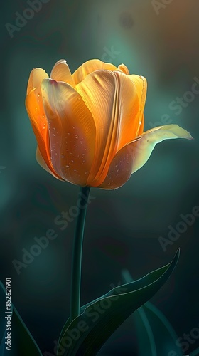 Realistic portrait photo macro shot, of  botanical yellow tulip flower with dark background, wallpaper, wall art